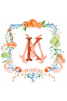 the letter m is surrounded by flowers and leaves