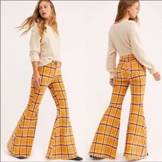 Nwt, A Total Throwback. Free People's Flare Cords In Bright Plaid Feature An Ultra High Rise And Raw Hem. Imported Patch Pockets At Back Raw Hemline Zipper And Button Closure At Front. Fabric: Cotton/Spandex. Machine Washable Boho Plaid, Plaid Jeans, Velvet Flare Pants, Velvet Flares, Yellow Plaid, Free People Jeans, Flare Leg Pants, Bell Bottom Pants, Cropped Flares