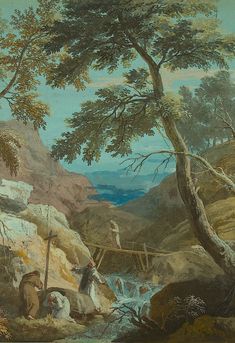 an oil painting of people crossing a bridge over a stream in a mountainous landscape with trees and rocks