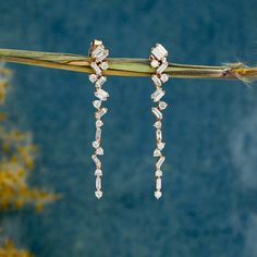 a pair of diamond earrings hanging from a branch