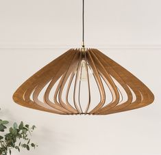 a wooden light fixture hanging from a ceiling in a room with a potted plant