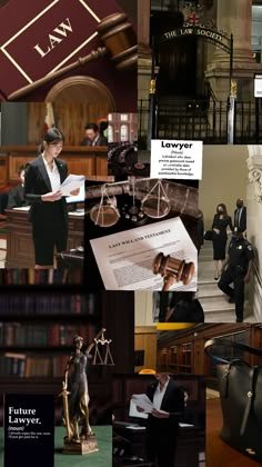 a collage of law related images including statue, bookshelf and judge's chair