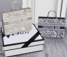 three bags sitting on top of each other in front of a white door with the word christian dior printed on it