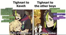 two anime characters with green hair and text that reads, tighari to kaveh the other boys