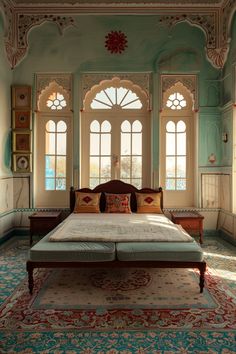 a large bed sitting in the middle of a room with two windows and a rug on the floor