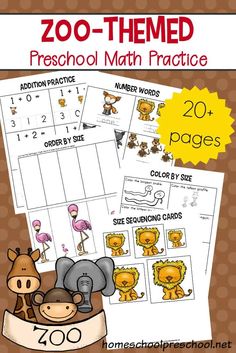 the zoo themed preschool math practice sheet is shown with pictures of animals and numbers on it