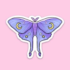 a purple butterfly sticker on a pink background