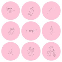 six different types of hand drawn faces on pink circles