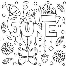 the word june is surrounded by flowers, butterflies and other things in black and white