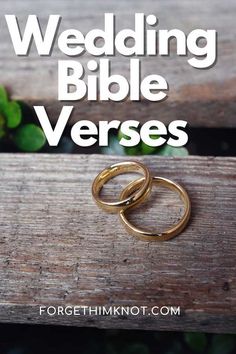 two gold wedding rings sitting on top of a wooden bench with text overlay that reads,