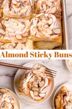 an almond sticky buns recipe on a plate and in a pan with cinnamon rolls