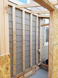 the inside of a house that is being built with wood framing and siding on it