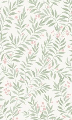 a wallpaper with green leaves and pink berries on white background in pastel colors