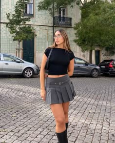 Plaid Grey Skirt Outfit, Gray Skirt Fall Outfit, Charcoal Skirt Outfit, Grey Mini Skirt Outfit Summer, Mini Grey Skirt Outfit, Grey Skort Outfit, Grey Pleated Mini Skirt Outfit, Gray Skirt Outfit Summer, Dark Grey Skirt Outfit