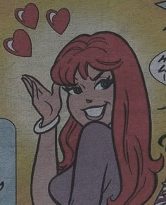 a drawing of a woman with long red hair and hearts above her head, smiling at the camera