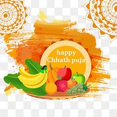 happy chhath puja greeting card with fruits and vegetables on the plate, illustration, background, design png and psd