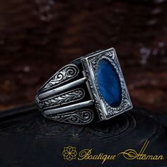 Signature Collection | Boutique Ottoman Jewelry Store Luxury Rectangular Signet Ring With Gemstone, Luxury Rectangular Gemstone Signet Ring, Luxury Silver Rectangular Signet Ring, Luxury Engraved Sapphire Ring, Luxury Silver Rectangular Sapphire Ring, Ottoman Jewelry, Men Ring, Exclusive Jewelry, Blue Sapphire Rings