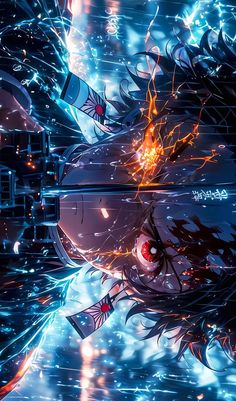 an anime character with long hair and red eyes is surrounded by blue lights in the background