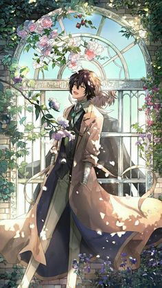 an anime character standing in front of a window with flowers on the outside and greenery around