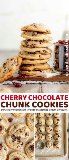 cherry chocolate chunk cookies are stacked on top of each other and ready to be eaten