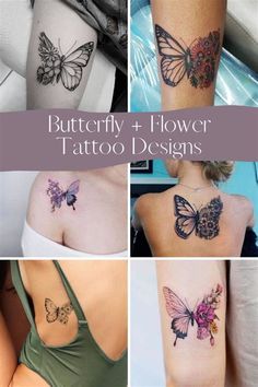 butterfly tattoo designs on the back of women's shoulder and upper arm, with different butterflies