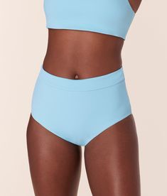 Front view of Andie Swim Wide Band High Waisted Bottom in Hydrangea Blue Eco Nylon - high-rise, high-leg silhouette designed for cheeky coverage High Waist Bottoms, Swimsuit Shops, Natural Body, Wide Bands, Recycled Fabric, Body Oil, Hydrangea, High Waist, Swimming