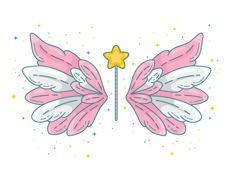 a pink butterfly with white wings and a star on it's back, sitting next to a wand