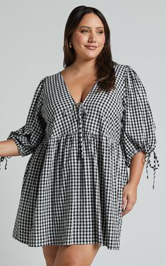 Black And White Check Dress, Cotton Dress Fabric, Polka Dot, Check Dress, Puffed Sleeves Dress, Knee Dress, Tie Dress, Mini Dress With Sleeves, Fall Dresses