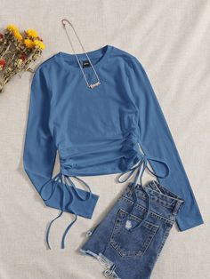 Drawstring Ruched Solid Tee Dusty Blue Casual  Long Sleeve Fabric Plain  Slight Stretch Spring/Fall Women Clothing, size features are:Bust: ,Length: ,Sleeve Length: Fancy Shirt, Casual Tie, Shirts For Teens, Estilo Hip Hop, Elegant Dresses Long, Ball Gown Dresses, Women T Shirts, Knit Tees, Inspiration Mode