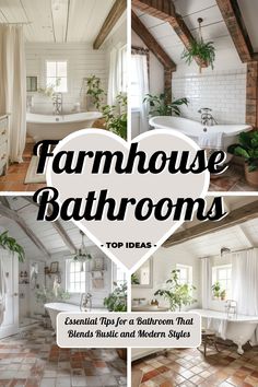 ♥ Looking to add a touch of farmhouse charm to your bathroom? 🌿 Step into this cozy modern farmhouse bathroom with rustic elements and boho vibes. Get inspired by farmhouse bathroom ideas for your own remodel. 🛁✨ #farmhousebathroom #bathroomdesign #bathroomdecor ✨ Teal Farmhouse Bathroom, Country Bathroom Flooring Ideas, Spa Inspired Bathroom Farmhouse, Country Bathroom Colors, Rustic Bathroom Paint Ideas, Modern Farmhouse Bathroom Decor Ideas, Bathroom Design Ideas Farmhouse, Farmhouse Bathroom Colors Scheme, Boho Bathroom Remodel