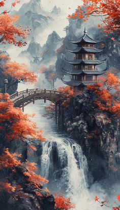 Japanese Autumn, Japanese Landscape Painting, Fantasy Landscape Japanese, Fantasy Asian Landscape, Japanese Garden Fantasy Art, Joker Art Drawing, Japanese Mountain Temple, Chinese Waterfall Painting, Awsome Pictures