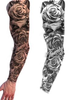 two tattoos with roses and the words family on them