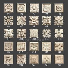 the different types of decorative tiles and molds are shown in various sizes, shapes, and colors