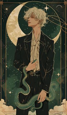 a man in a suit with a snake on his lap, and the moon behind him