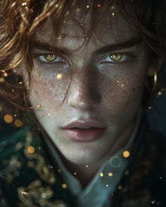 a woman with freckles on her face looking at the camera while she is surrounded by gold flakes