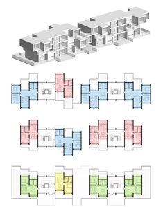 the floor plan for an apartment building with multiple levels and different rooms, all in various colors