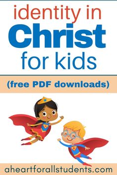 the book cover for identity in christ for kids with two children dressed as superheros