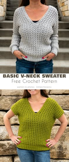 a woman standing in front of some steps with her hands on her hips and the words basic v - neck sweater free crochet pattern