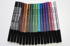 NYX Slide On Pencils-Waterproof, smudge-proof, and like liquid liner in pencil form. Makeup On Fleek, Makeup Swatches, Makeup Room, Eye Pencil, Beauty And Lifestyle, Slide On, Nyx Cosmetics