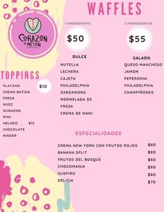 a pink menu with different items on it