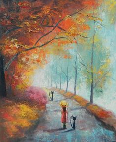 an oil painting of a woman walking her dog in the park on a rainy day