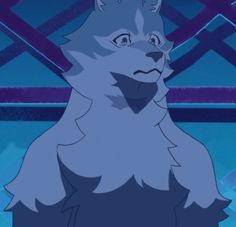 an animated image of a furry animal in front of a blue and purple geometric background