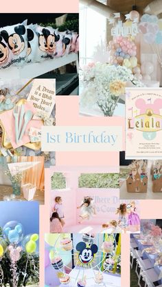 a collage of photos with balloons, cake and other items for a 1st birthday party