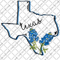 texas state outline with blue flowers and the word texas written in black ink on a white background