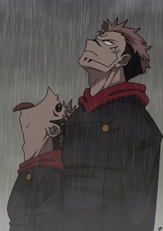 an anime character is standing in the rain with his head on another character's shoulder