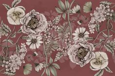 a floral wallpaper with pink flowers and green leaves