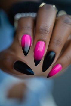 Looking for some pink nail inspo for this spring? We've got you covered! Our latest blog post features over 40 pretty pink nail designs that are perfect for the warmer weather. Get ready for a ton of soft, feminine styles like the pink and glitter nails you see here, plus hues like blush, rose, and ballet slipper pink. Click to check out this gorgeous spring nail inspo now and pin your favorites! Pink Nail Trends 2024, Black And Pink Ombre Nail Designs, Hot Pink Black Nails, Nails Purple Almond, Pink Almond Nails Short, Summer Black Nails, Hot Pink And Black Nails Acrylics, Black And Hot Pink Nails, Edgy Nail Ideas