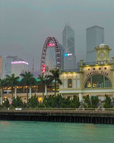 the ferris wheel is lit up at night in front of an oceanfront area with palm trees