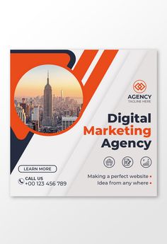 an orange and black business card with the words digital marketing agency on it, in front of a cityscape