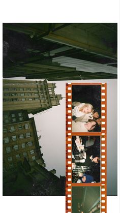 three different shots of the same person in front of a building and an old film strip